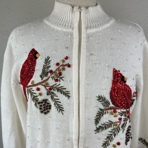 Tiara International Full Zip Bead & Sequin Christmas Cardigan Sweater Size L EUC - Picture 1 of 7